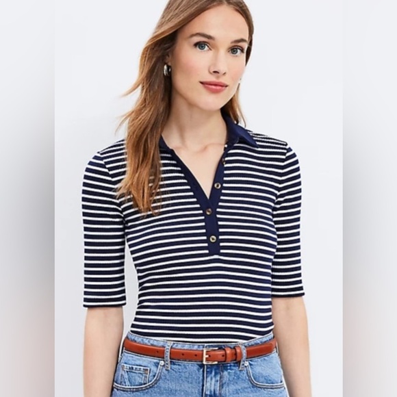 LOFT Navy and White Striped Button Down Shirt - Picture 1 of 8